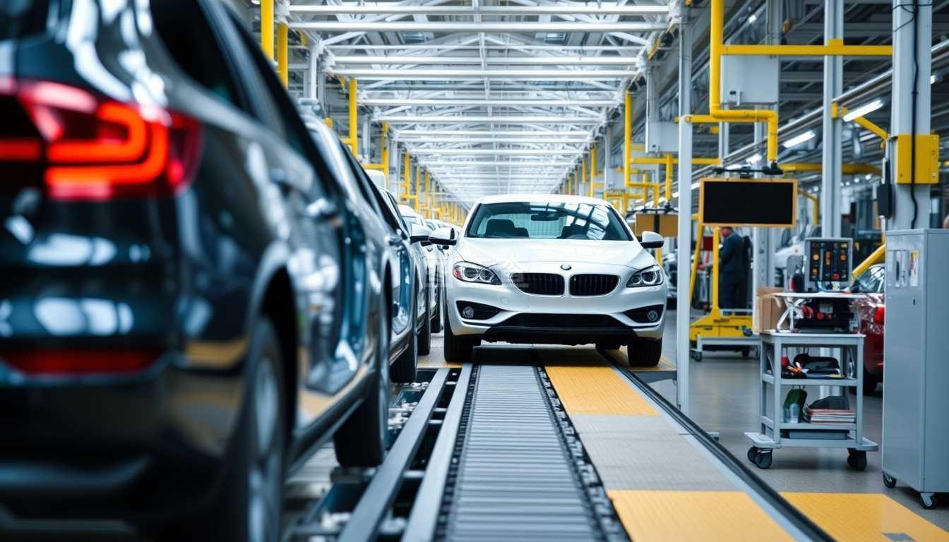 在汽車工廠的輸送線上裝配汽車。在輸送線上裝配汽車
